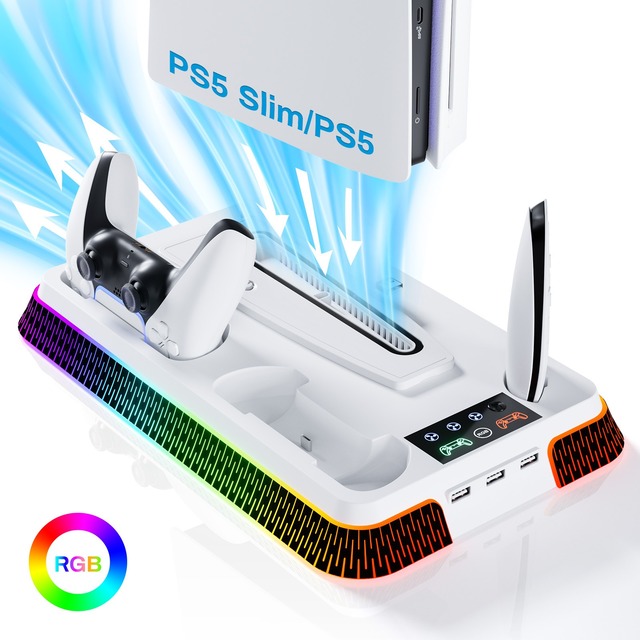 New Charger Storage Holder for PS5/PS5 Slim Pro Stand Cooling Station With RGB LED Controller Charging Dock for Play Station 5