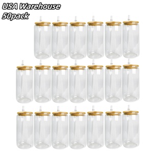 ISA 창고 50 팩 16 온스 클리어 맥주 캔 염료 승화 열 프레스 용 투명 플라스틱 빨대와 대나무 뚜껑이있는 유리 컵 - Product Image 1