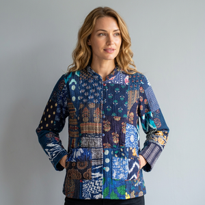 Women's Quilted Patchwork Jacket Mandarin Collar Full Sleeves Regular Length <b>Covered</b> <b>Buttons</b> Closure Eco-Friendly Breathable - Product Image 1