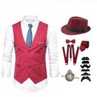 Ensemble gilet rétro années 20 avec montre de poche et cravate, gilet de costume en polyester à simple boutonnage pour homme adulte, idéal pour bal de promo