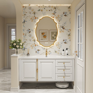 High-end painted bathroom cabinet French vintage cream style combination cabinet with styled <b>mirror</b> - Product Image 5