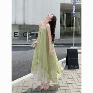 French Style Summer Green Spaghetti Strap Irregular Dress Vacation Casual Wear Solid Color Patchwork Design - Product Image 1