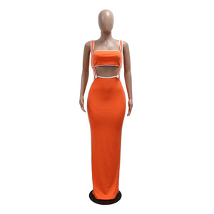 <b>Sexy</b> Spaghetti Straps Long Dress Breastplug Solid Color Casual Two-piece <b>Set</b> for Women Fashion - Product Image 2