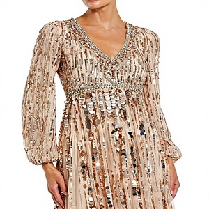 Elegante Vestido Largo Recto de Gasa con Lentejuelas, Cuello en V, Mangas Cortas, Cintura Natural, Vestido de Noche Formal con Logotipo Frontal - Product Image 1