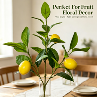 Élégante branche de citron jaune avec 3 fruits et feuilles vertes, plantes artificielles style ferme pour la décoration de la maison, de la cuisine, des mariages et des tables.