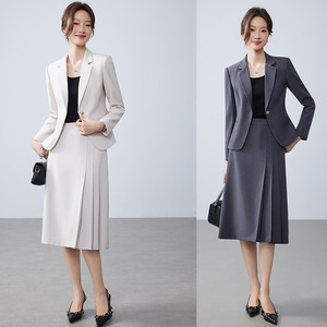 Women's Suit Set With Skirt Midi Length Polyester Satin Office Lady Full Sleeve Anti-Wrinkle Two Piece Set - Product Image 1