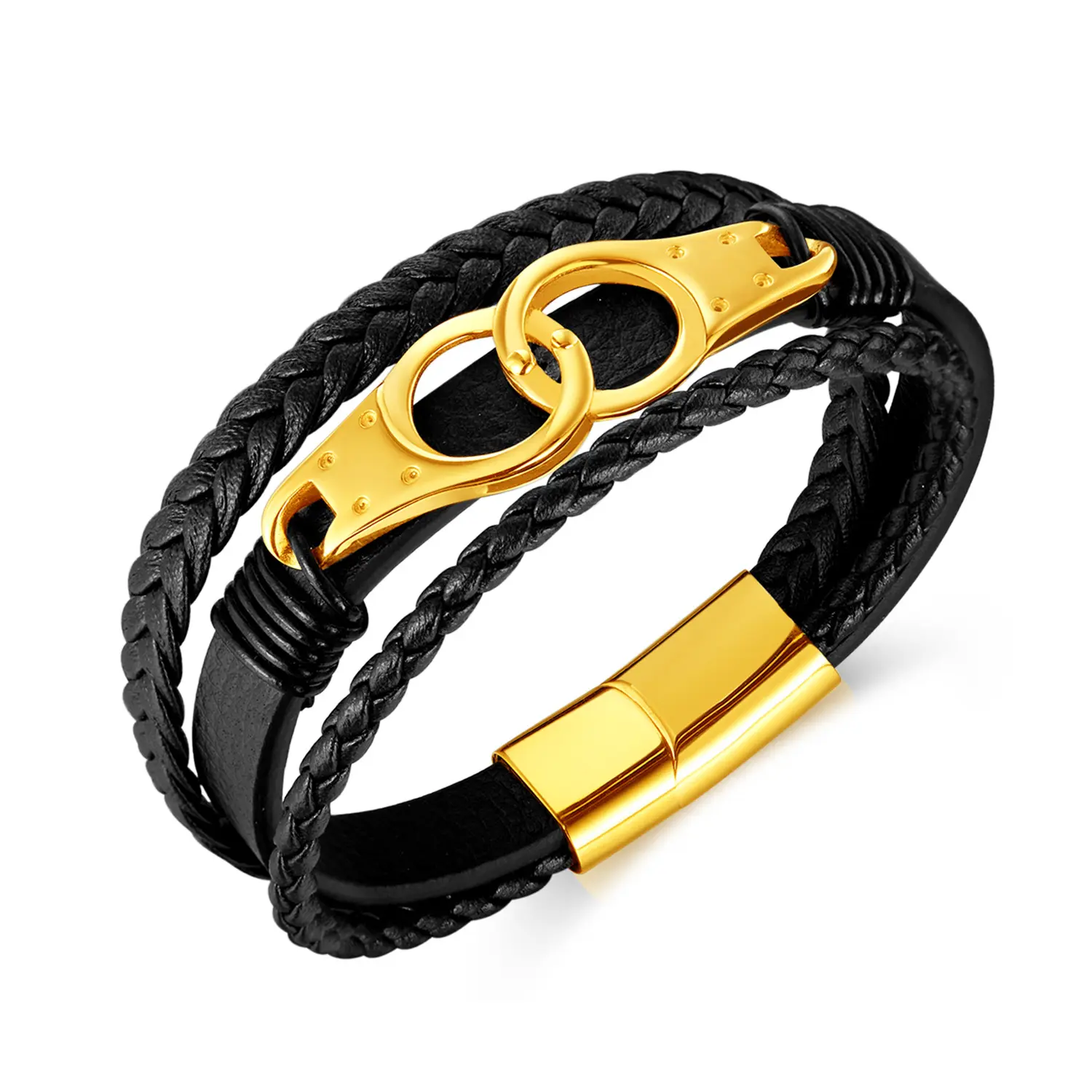 New 3 Layers Black Gold Punk Genuine Leather Bracelet for Male Magnetic Stainless Button Birthday Gift Men Handcuff Bracelet