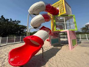 Modern Cube Design Outdoor Playground, Multi-Level Steel <strong>Play</strong> <strong>Tower</strong> with Slide &amp; Climb - Product Image 5