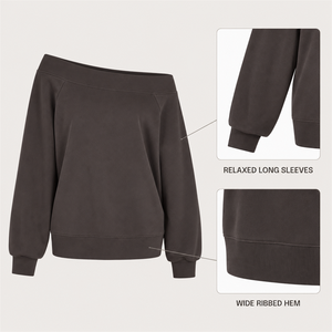 Women's Solid <b>Off</b> <b>Shoulder</b> Sweatshirt Asymmetric Slash Neck Drop <b>Shoulder</b> <b>Long</b> <b>Sleeve</b> Pullover <b>Top</b> - Product Image 1