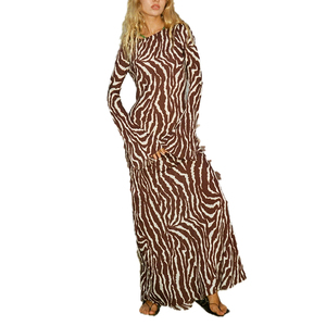 Abito lungo da donna con stampa zebrata, scollo rotondo, maniche lunghe a campana, aderente, lunghezza fino al pavimento, per feste formali - Product Image 6
