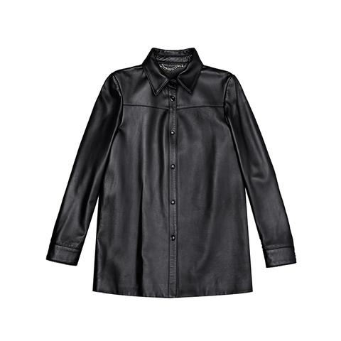 0109 Minimal Style Lapel Genuine Leather Sheepskin Long Sleeve Casual Shirt Jacket for Women