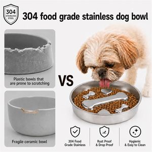 Eco-friendly 304 Stainless Steel Slow <b>Feeder</b> Bowl Anti-Choke Design for Healthy Eating of Dogs and <b>Cats</b> Solid Pattern - Product Image 4