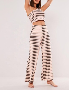 Custom High Quality Sleepwear Striped One Shoulder <strong>Crop</strong> Top and Pants Two Piece Loungewear Set Women Cotton Print <strong>Pajamas</strong> - Product Image 2