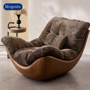 Fauteuil d'appoint incurvé de luxe moderne, en cuir et velours bicolore, pour salon - Product Image 2
