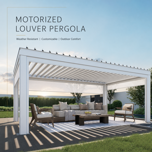 Pergola moderne intelligente en aluminium à lattes effet <span class=keywords><strong>bois</strong></span> avec éclairage RGB contrôlable par application et capteur de pluie automatique - Product Image 1