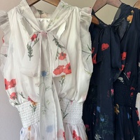 Summer Chic Fresh Floral Print Bow Lace up Stand Collar Sleeveless Ruffles Sweet Women Dress