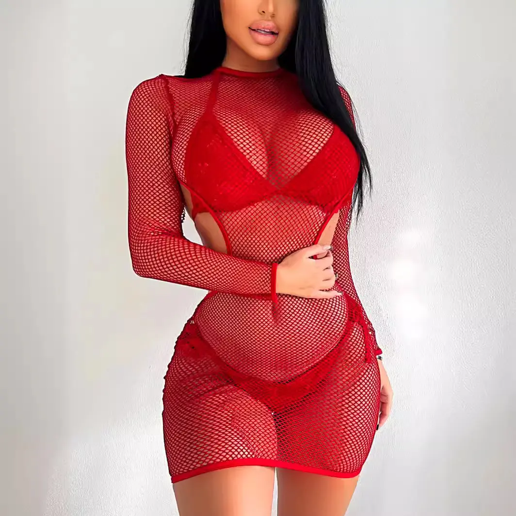 2024 नए आगमन महिलाओं के कपड़े सेक्सी लंबी आस्तीन वाली खोखली मिनी ड्रेस जालीदार परिप्रेक्ष्य लाल पोशाक बीचवियर