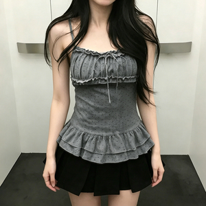 Polka Dot Ruffle Camisole Top V Neck Women <b>Spaghetti</b> <b>Strap</b> Slim Fit Tank Y2K Casual Sweet Versatile Summer Top - Product Image 3