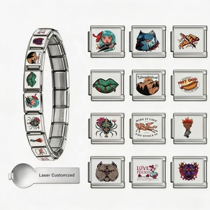 Bracelet à breloques italien style tatouage old school, couleur argent, à maillons modulaires avec breloques graphiques audacieuses pour bijoux streetwear audacieux - Product Image 1