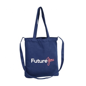 Vente en gros de sacs fourre-tout en toile personnalisés avec logo imprimé en <span class=keywords><strong>bleu</strong></span> avec poche et fermeture éclair - Product Image 1