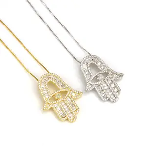 Iced Out Baguette Diamanten Fatima Palm Ketting Voor Vrouwen