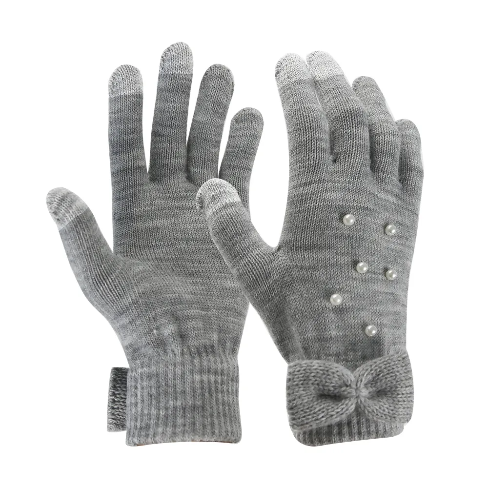 Acrylic Thermal Knitted Winter Gloves with Touchscreen Fingertips and Cute Bowknot and Pearl
