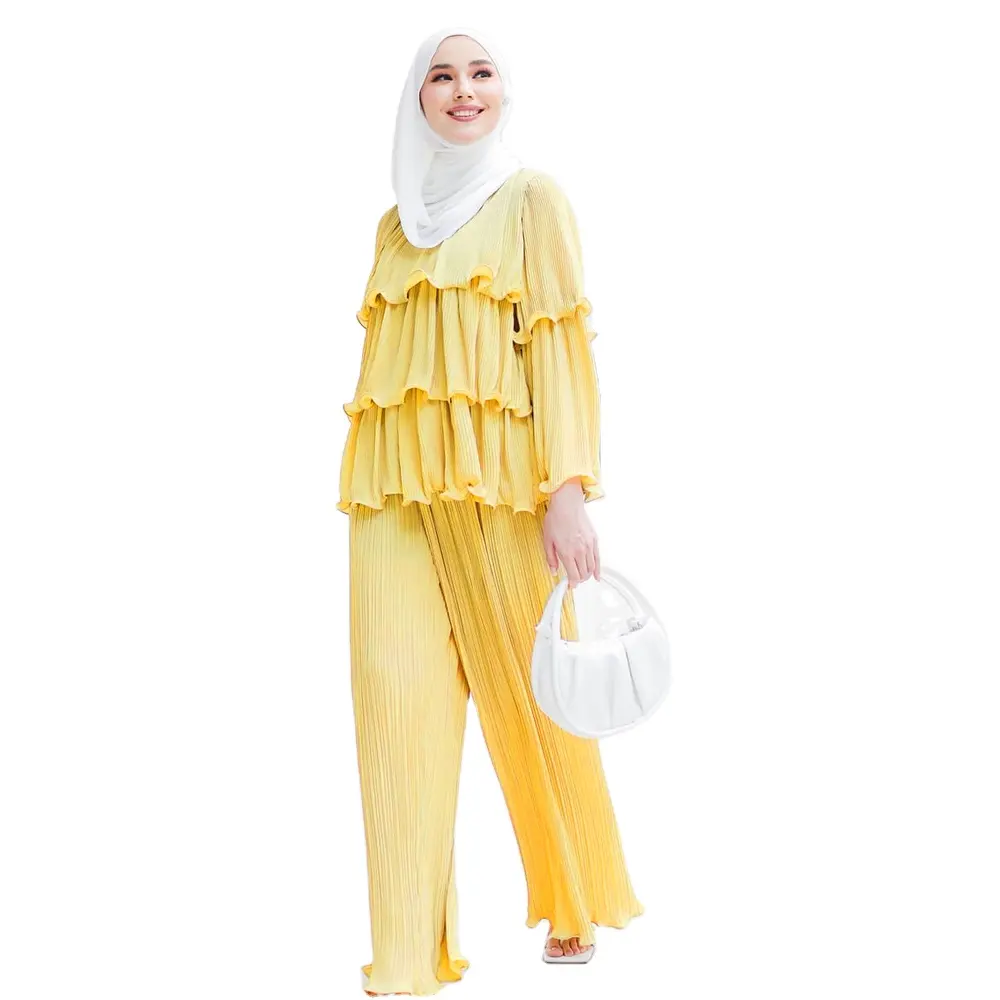 Mode Europese Moslim Dames Stijlvolle 2 Stuks Set Islamitische Vrouwen Ruches Kleding Geplooid Gelaagde Top & Broek Pak
