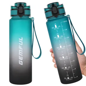 A buon mercato all'ingrosso 1L BPA gratis tempo motivazionale segnato ora obiettivo palestra sport Fitness Tritan bottiglie di acqua in plastica con paglia