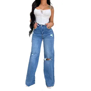 2023 Damen Jeans Lange Hohe Taille Perforierte Ragged Edge Style Bequeme Hose mit weitem Bein