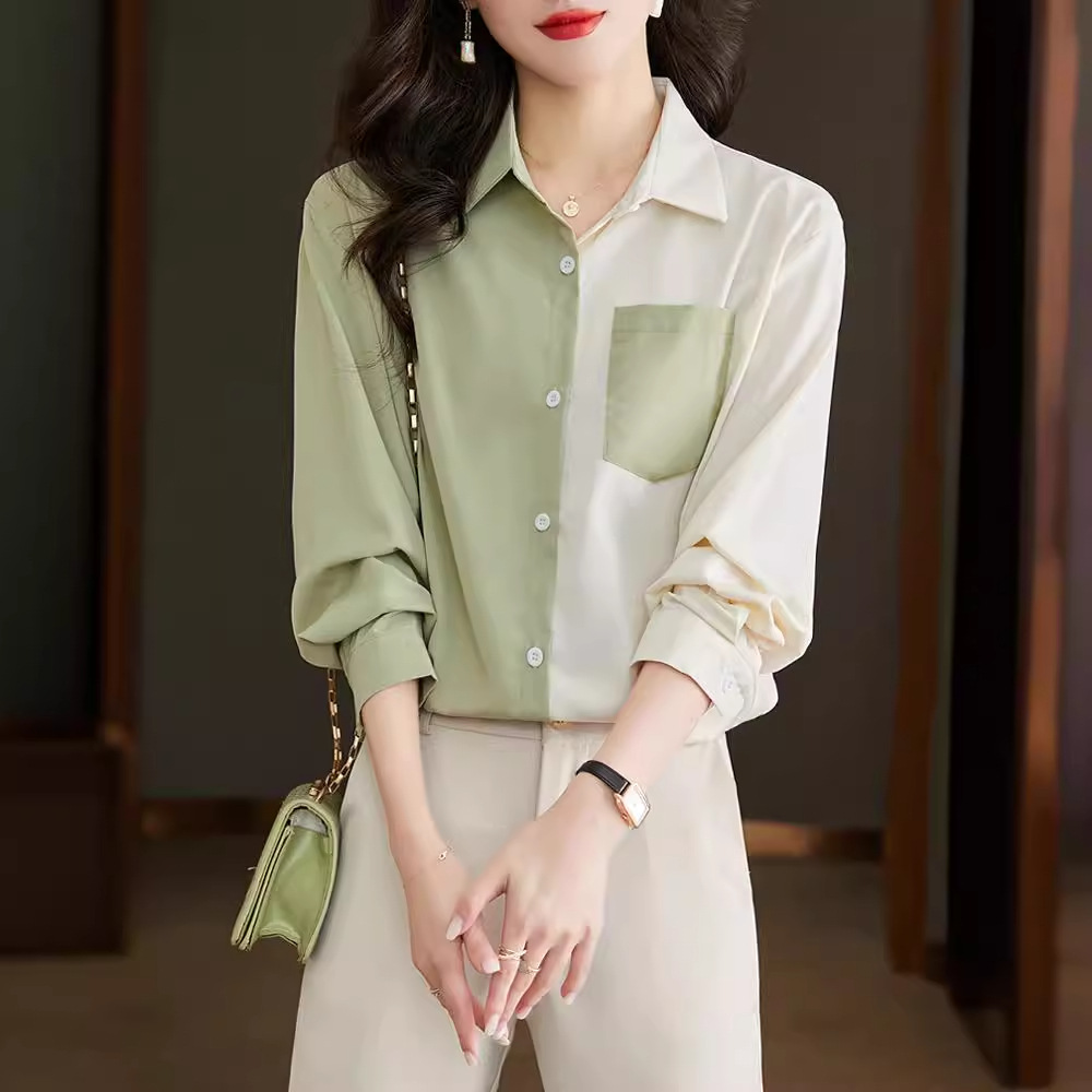 Women's Spring Korean Style Chiffon Shirt Niche Color Block with Pink Green Decorative Pockets Loose Fit Woven Office Shirt| Alibaba.com Women's Spring Korean Style Chiffon Shirt Niche Color Block with Pink Green Decorative Pockets Loose Fit Woven Office Shirt| Alibaba.com