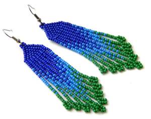 Long Green and Blue Seed Bead Earrings - Product Image 1