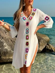 Vestido de playa blanco con cuello en V de ganchillo, traje de baño de verano, Túnica de verano para mujer, ropa de playa Saida Praia - Product Image 5