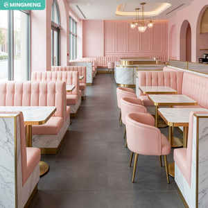 ชุดที่นั่งบูธร้านอาหารหุ้มเบาะสีชมพู โต๊ะรับประทานอาหารหินเผา และเก้าอี้หนัง PU สำหรับร้านขนมหวาน คาเฟ่ - Product Image 5