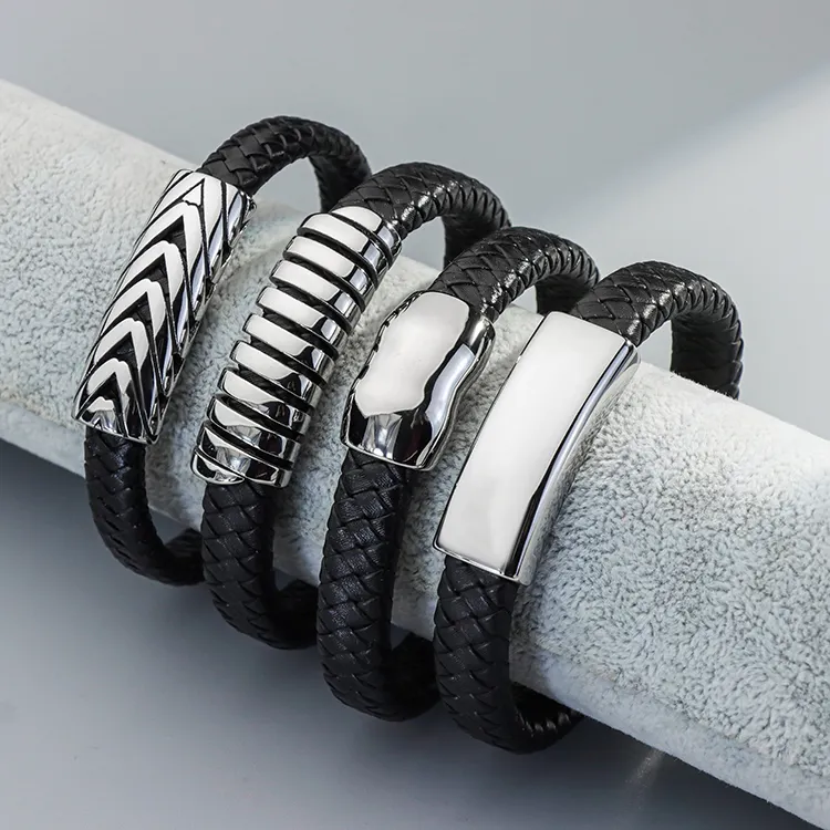 Vintage Herren Armbänder Schmuck Herren Edelstahl-Armband Accessoires schwarz breit echtes Leder-Armband und Armband heiß PU /