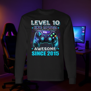T-shirt a maniche lunghe Level 10 Gamer, fantastica dal 2015, regalo di compleanno per ragazzi - Product Image 3