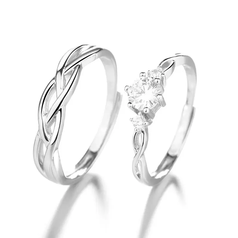 Anéis de prata esterlina 925, banhados à platina, zircônia cúbica ajustável, anéis para casais para mulheres, homens, combinando, anéis de casamento