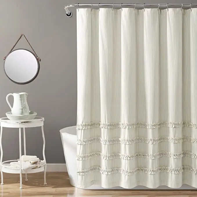 Cortina de baño de algodón estilo bohemio, cortina de ducha de rayas con 4 volantes, natural, para hotel, 72x72 pulgadas
