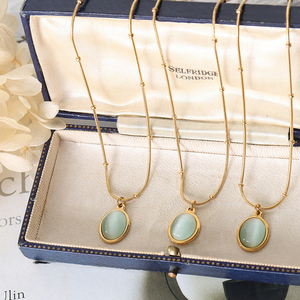 French Vintage Stainless Steel 18K Gold Ins Jewelry Natural Stone <strong>Opal</strong> Oval Cat Eye Pendant <strong>Necklace</strong> for Women Girls - Product Image 2