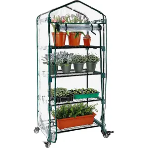 Garden Upgraded 4 Tier Mini Greenhouse Castors Wheels - Portable Small Gardening Green House with Clear PVC Cover