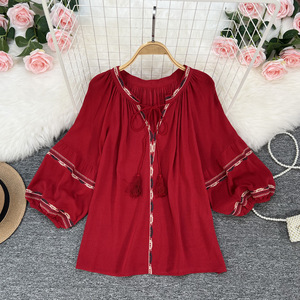 Kemeja Wanita Musim Gugur Bahan Katun Tebal Bordir Etnik Retro Lengan Bubble Model Longgar Dapat Dicuci Trendi Korea - Product Image 1