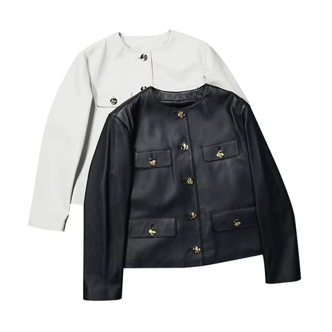 3134-2 Fashion Casual Button Jacket With Large Pocket and Round Collar Genuine Leather Sheepskin Jacket