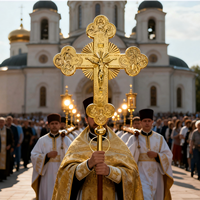 Croix de Procession Orthodoxe Orientale HT en Alliage de Zinc et Fer, Croix Religieuse avec Anges ou Douze Apôtres 75cm X 45cm