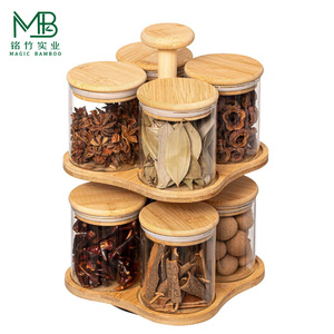 Moderno Porta Spezie Girevole in Bambù a Doppia Regolazione, Design Multifunzione con 8 Barattoli in Vetro da 12 oz con Coperchio Ermetico - Product Image 1