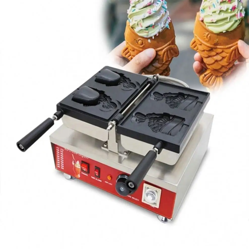 Mesin kerucut es krim besi wafel komersial untuk bisnis kecil pembuat wafel bentuk ikan mulut terbuka