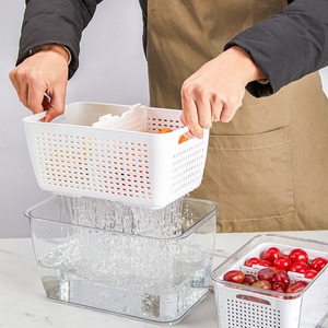 Double Layer Drain Basket Food Storage Box Square Plastic Lid Refrigerator <b>Vegetable</b> Storage Keep <b>Fresh</b> Eco Friendly L Size - Product Image 4