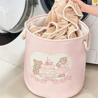 Panier à linge pliable rond avec poignées, imprimé lapin et ours de dessin animé rose mignon, pour jouets d'enfants et vêtements sales