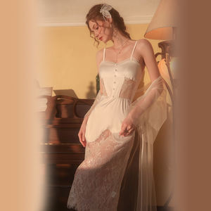 Pakaian Tidur Wanita Seksi Model Victoria Prancis dengan Renda, Transparan, Bahan Sutra Satin Putih, Jubah Mandi GR2222 - Product Image 5