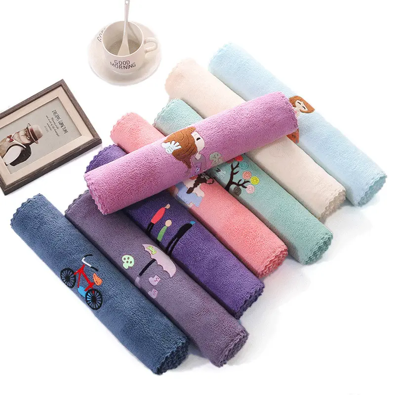 Microfiber thickened applique coral fleece towel soft and absorbent for face wash, skin care and hairdressing
