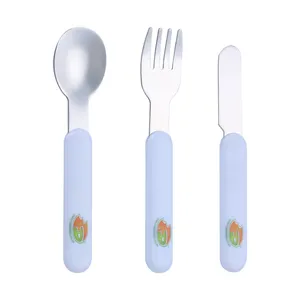 HOT selling Custom set of children stainless steel cartoon fork and spoon knife Kids Cutlery set with plastic handle