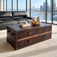 Table basse coffre en cuir pleine fleur marron antique avec 3 tiroirs de rangement, durable pour salon et maison